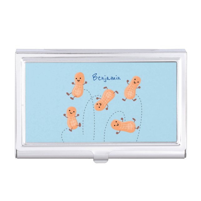 Cute happy jumping peanuts cartoon illustration business card case (Front)