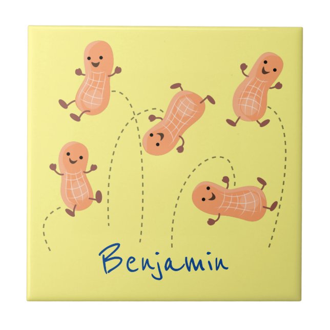 Cute happy jumping peanuts cartoon illustration ceramic tile (Front)