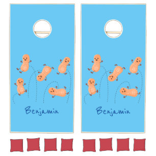 Cute happy jumping peanuts cartoon illustration cornhole set