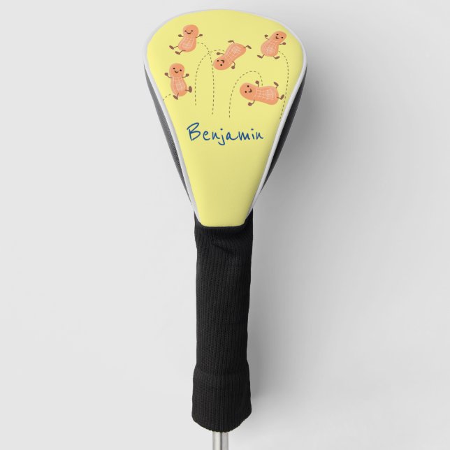 Cute happy jumping peanuts cartoon illustration golf head cover (Front)