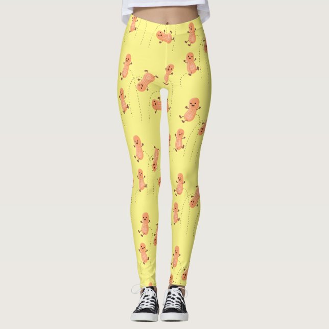 Cute happy jumping peanuts cartoon illustration leggings (Front)