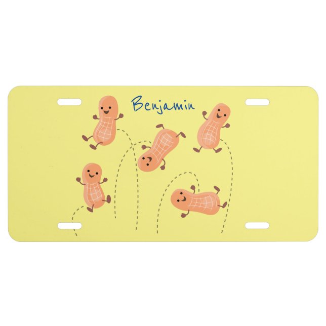 Cute happy jumping peanuts cartoon illustration license plate (Front)