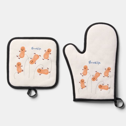 Cute happy jumping peanuts cartoon illustration oven mitt  pot holder set