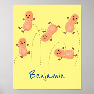 Cute happy jumping peanuts cartoon illustration poster