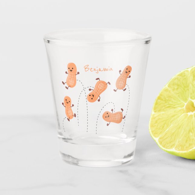 Cute happy jumping peanuts cartoon illustration  shot glass (Front)