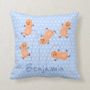 Cute happy jumping peanuts cartoon illustration throw pillow