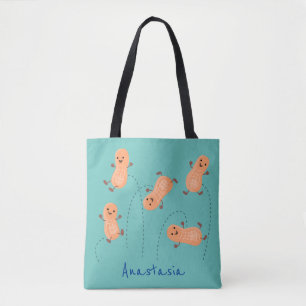 Cute happy jumping peanuts cartoon illustration tote bag