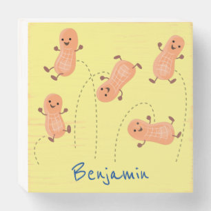 Cute happy jumping peanuts cartoon illustration wooden box sign