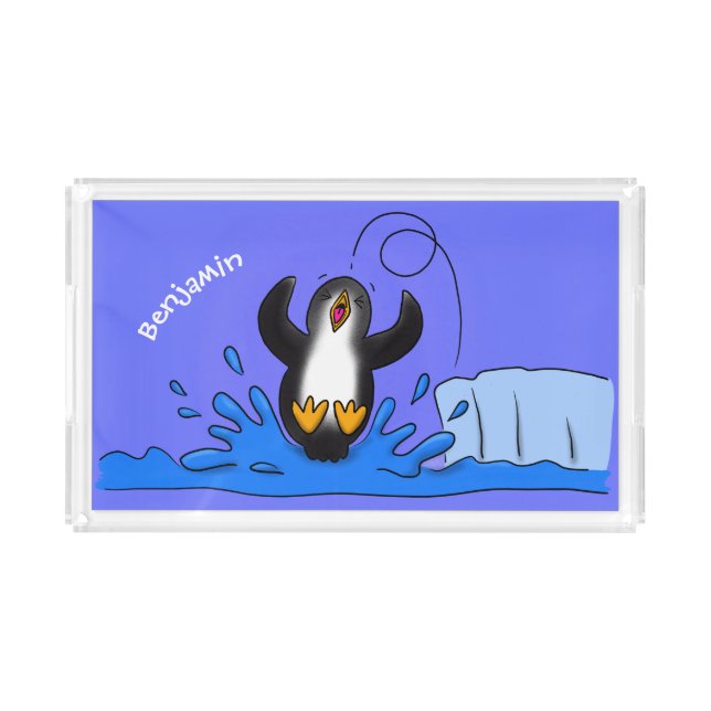 Cute happy jumping penguin cartoon illustration acrylic tray (Front)