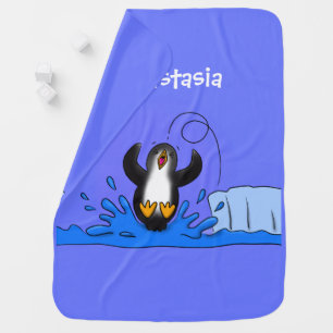 Cute happy jumping penguin cartoon illustration baby blanket