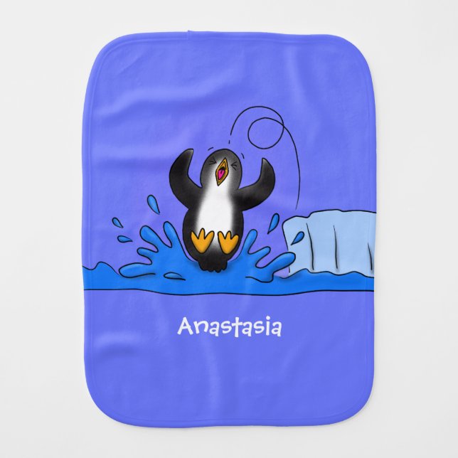 Cute happy jumping penguin cartoon illustration baby burp cloth (Front)