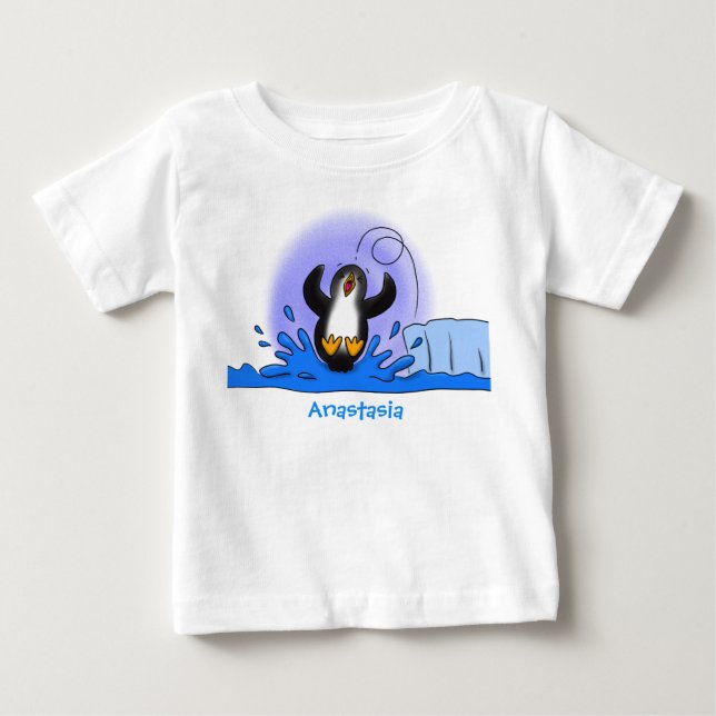 Cute happy jumping penguin cartoon illustration baby T-Shirt (Front)