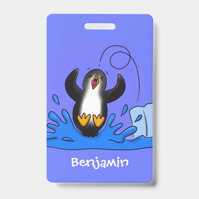 Cute happy jumping penguin cartoon illustration badge (Front)
