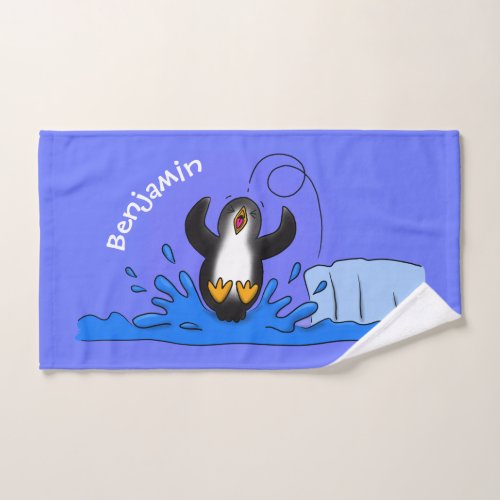 Cute happy jumping penguin cartoon illustration bath towel set