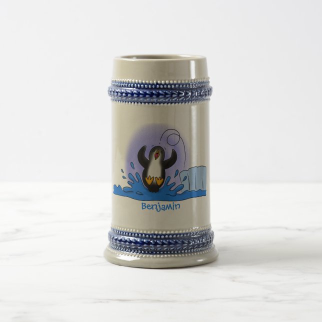Cute happy jumping penguin cartoon illustration beer stein (Center)