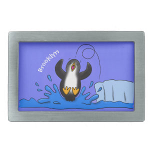 Cute happy jumping penguin cartoon illustration belt buckle