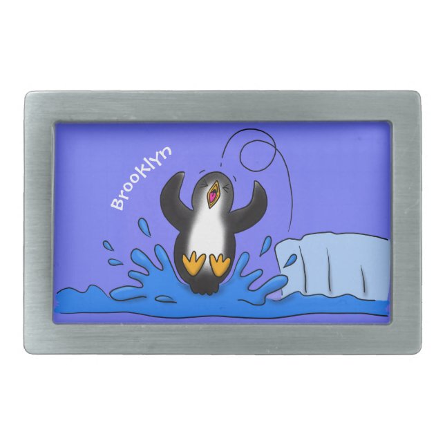 Cute happy jumping penguin cartoon illustration belt buckle (Front)