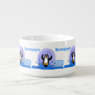 Cute happy jumping penguin cartoon illustration bowl
