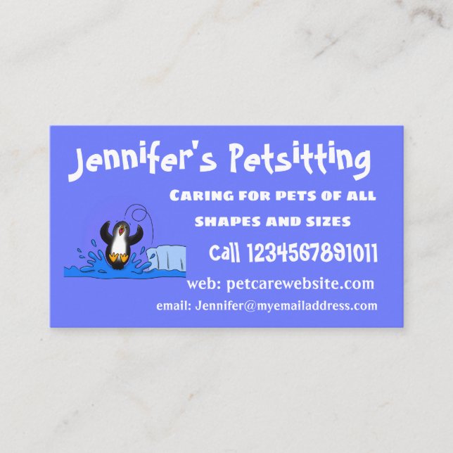 Cute happy jumping penguin cartoon illustration business card (Front)