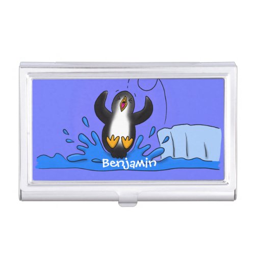 Cute happy jumping penguin cartoon illustration business card case
