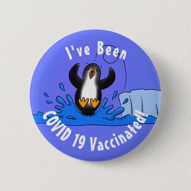 Cute happy jumping penguin cartoon illustration button (Front)