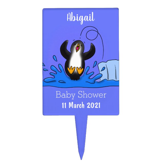 Cute happy jumping penguin cartoon illustration cake topper (Front)