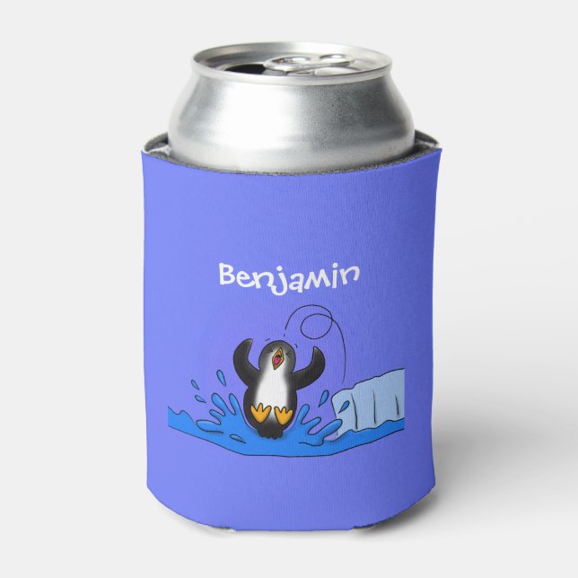 Cute happy jumping penguin cartoon illustration can cooler (Can Front)