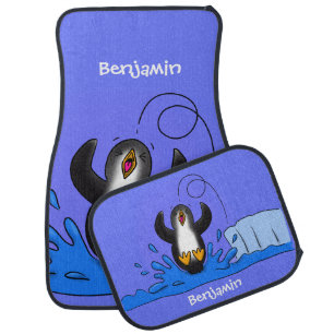 Cute happy jumping penguin cartoon illustration car floor mat
