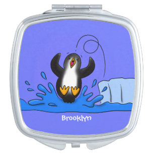 Cute happy jumping penguin cartoon illustration compact mirror