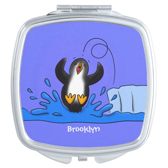 Cute happy jumping penguin cartoon illustration compact mirror (Front)