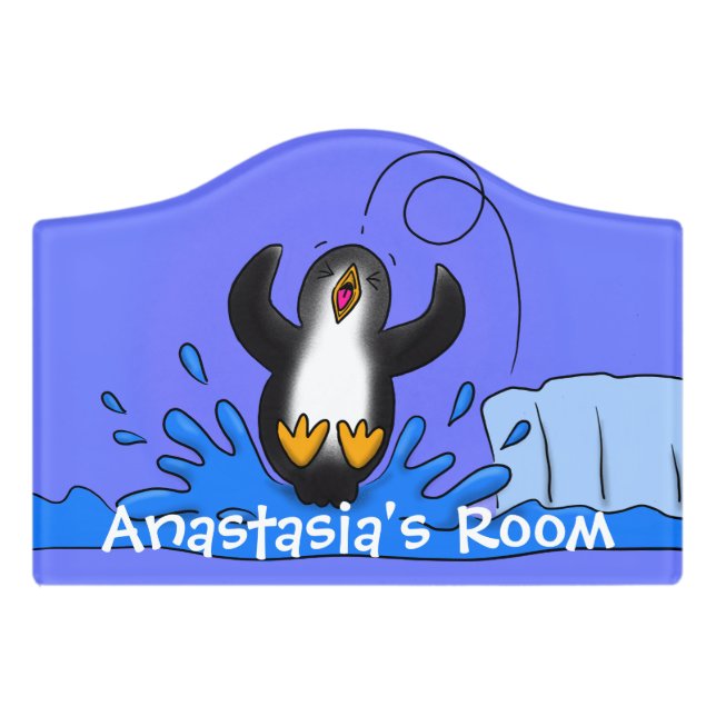 Cute happy jumping penguin cartoon illustration door sign (Small Crest Front)