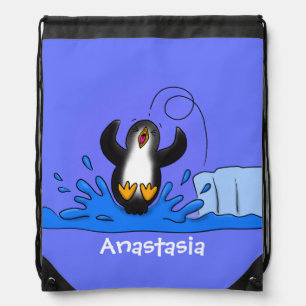 Cute happy jumping penguin cartoon illustration drawstring bag