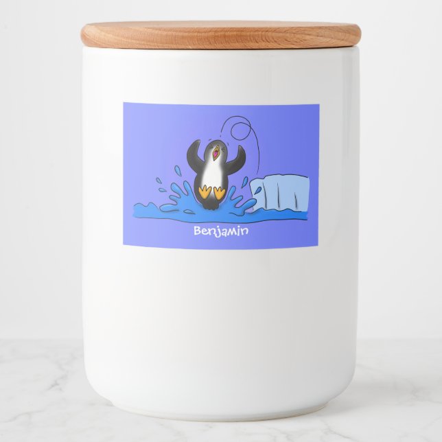 Cute happy jumping penguin cartoon illustration food label (Front)