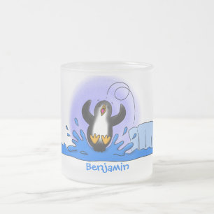 Cute happy jumping penguin cartoon illustration frosted glass coffee mug