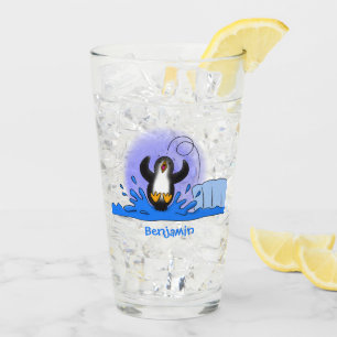 Cute happy jumping penguin cartoon illustration glass