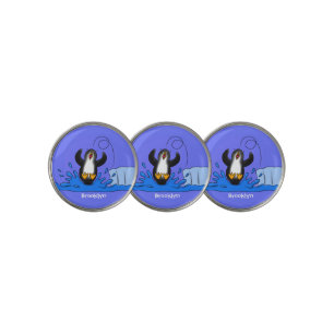 Cute happy jumping penguin cartoon illustration golf ball marker