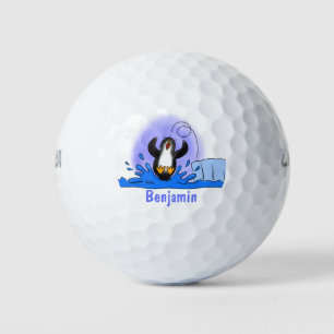 Cute happy jumping penguin cartoon illustration golf balls