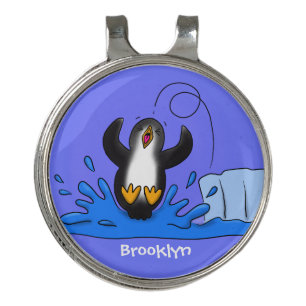 Cute happy jumping penguin cartoon illustration golf hat clip