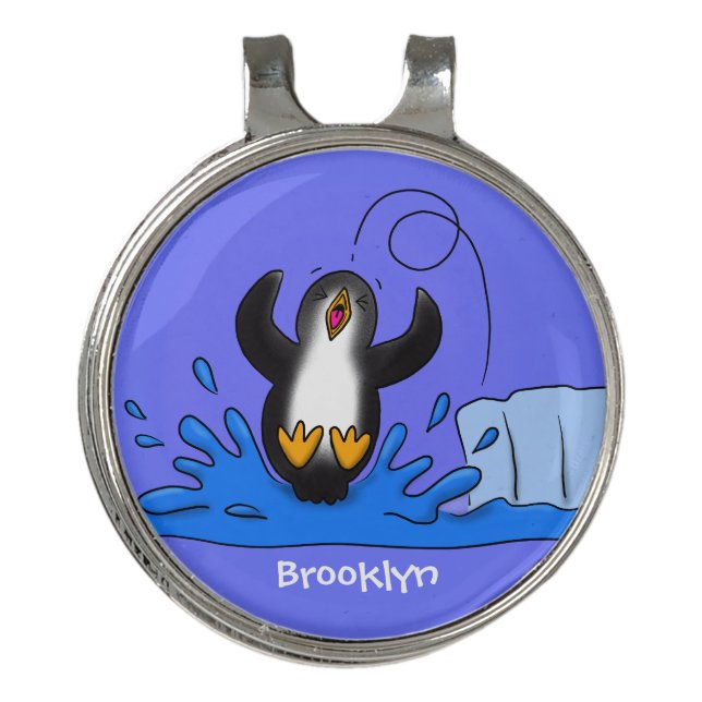 Cute happy jumping penguin cartoon illustration golf hat clip (Front)