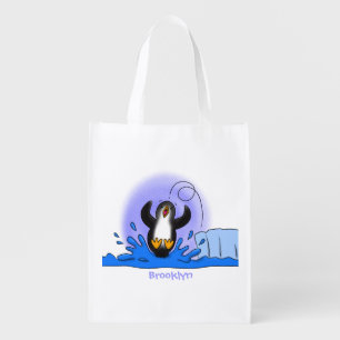 Cute happy jumping penguin cartoon illustration grocery bag