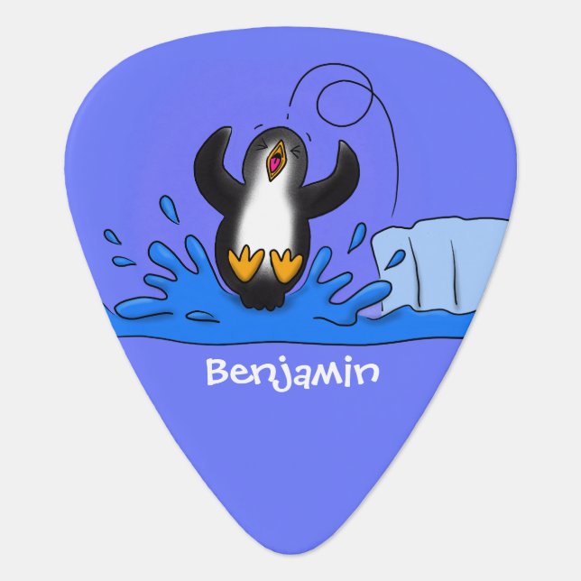 Cute happy jumping penguin cartoon illustration guitar pick (Front)