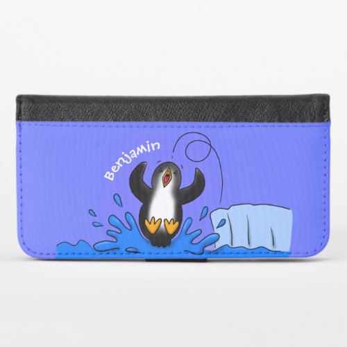 Cute happy jumping penguin cartoon illustration iPhone x wallet case