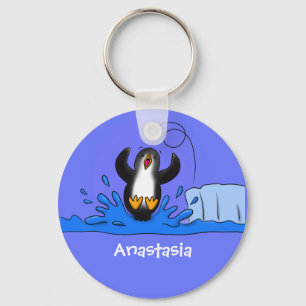 Cute happy jumping penguin cartoon illustration keychain