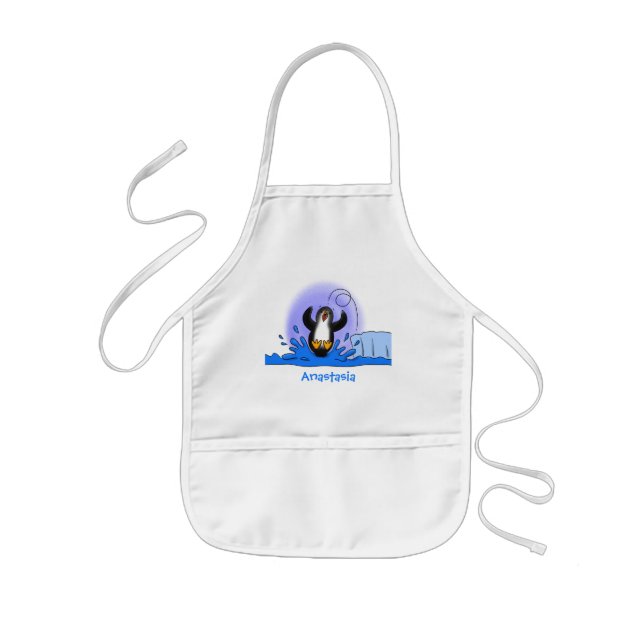 Cute happy jumping penguin cartoon illustration kids' apron (Front)