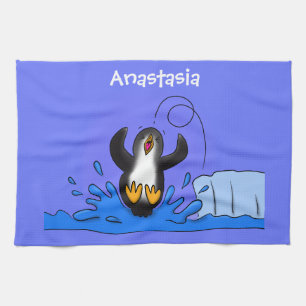 Cute happy jumping penguin cartoon illustration kitchen towel