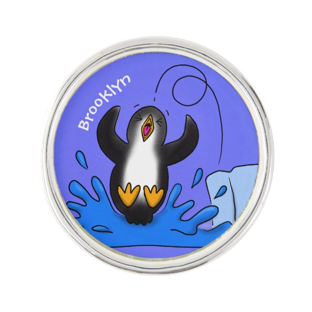 Cute happy jumping penguin cartoon illustration lapel pin (Front)