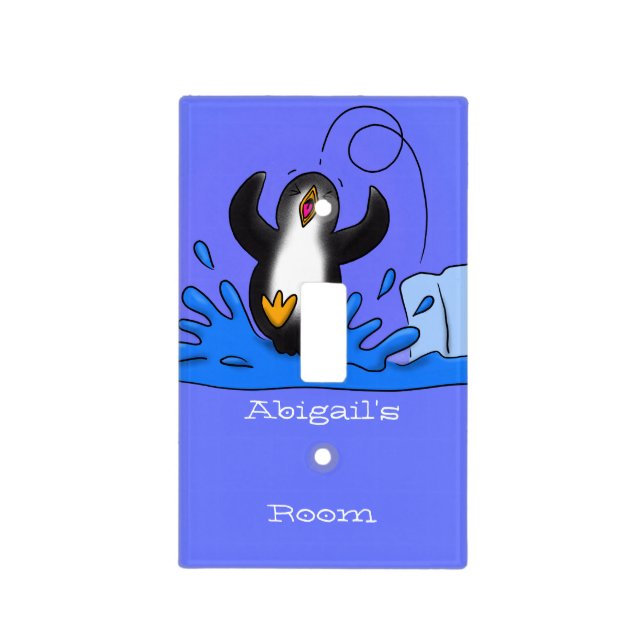 Cute happy jumping penguin cartoon illustration light switch cover (Front)