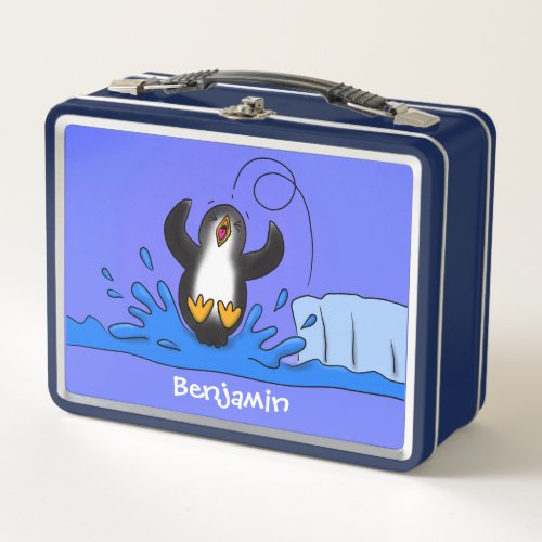 Cute happy jumping penguin cartoon illustration metal lunch box