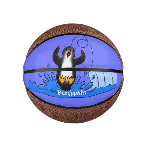 Cute happy jumping penguin cartoon illustration mini basketball