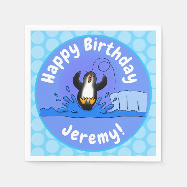 Cute happy jumping penguin cartoon illustration napkins (Front)